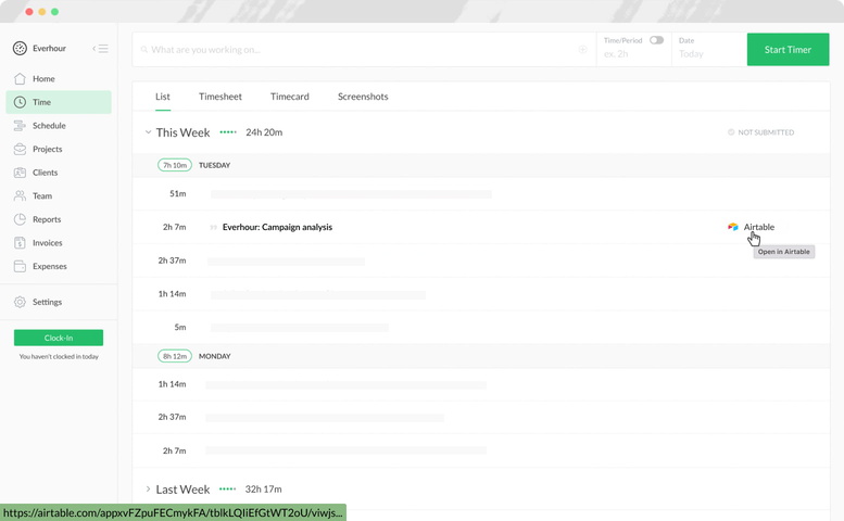 everhour airtable time tracking time page