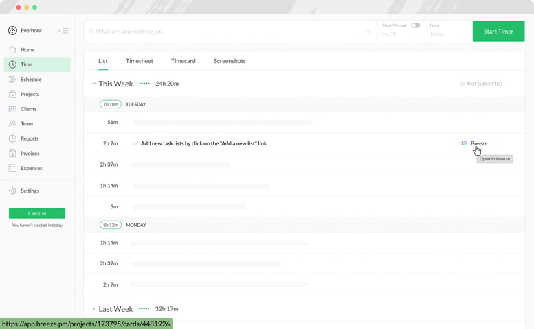 everhour breeze time tracking time page
