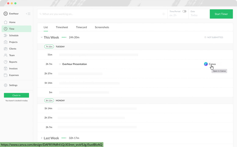 everhour canva time tracking time page