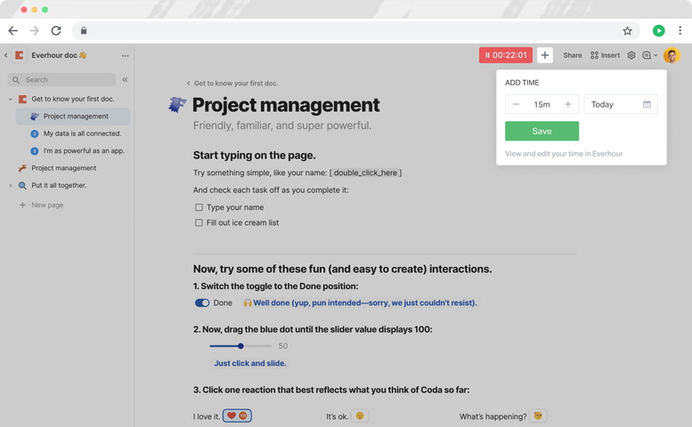 everhour coda time tracking controls