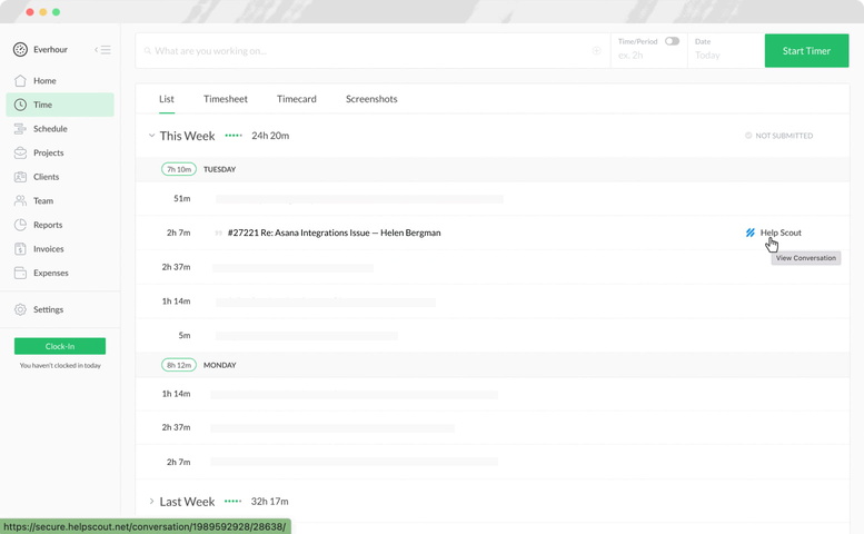 everhour helpscout time tracking time page