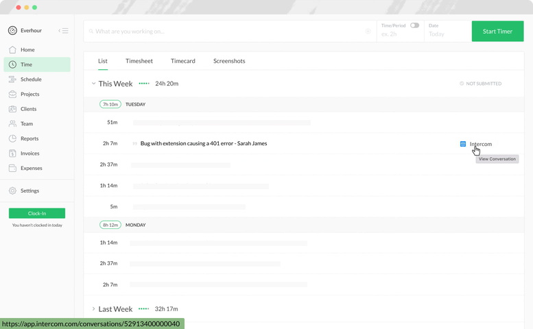 everhour intercom time tracking time page