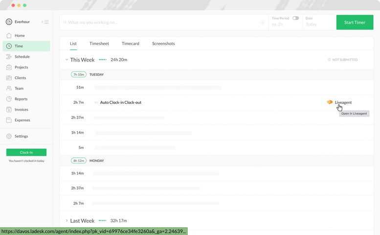 everhour liveagent time tracking time page