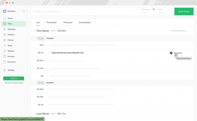 everhour pipedrive time tracking time page