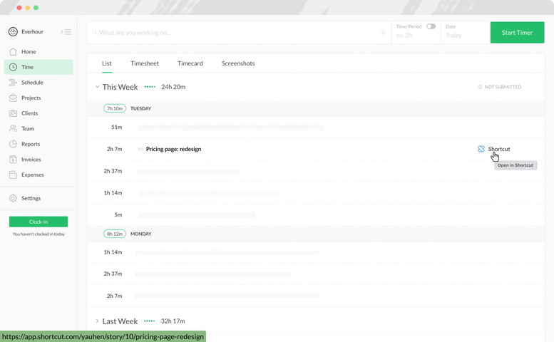 everhour shortcut time tracking time page