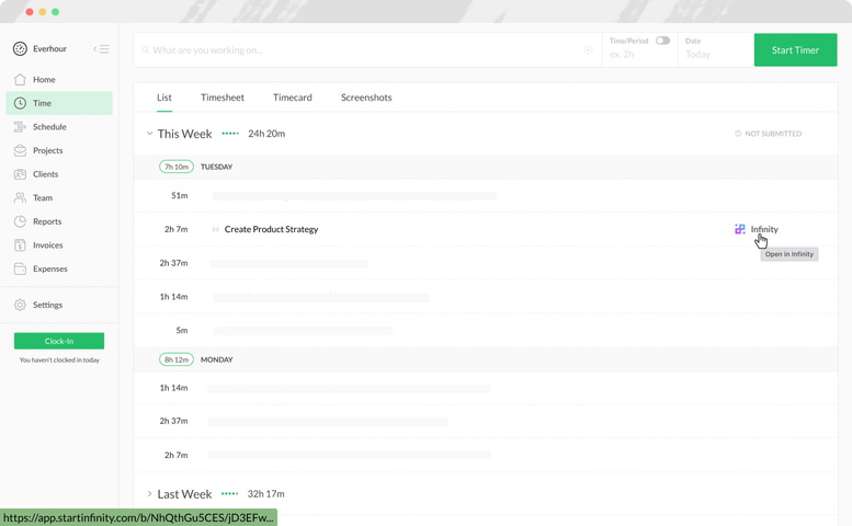 everhour infinity time tracking time page