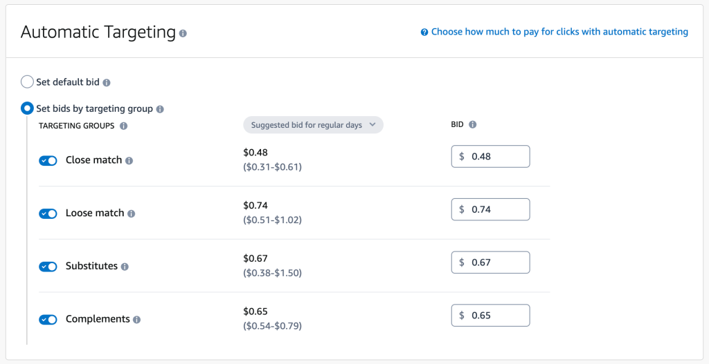 Set bids by targeting group