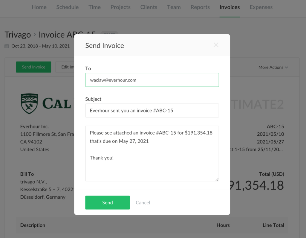 send invoices directly from everhour