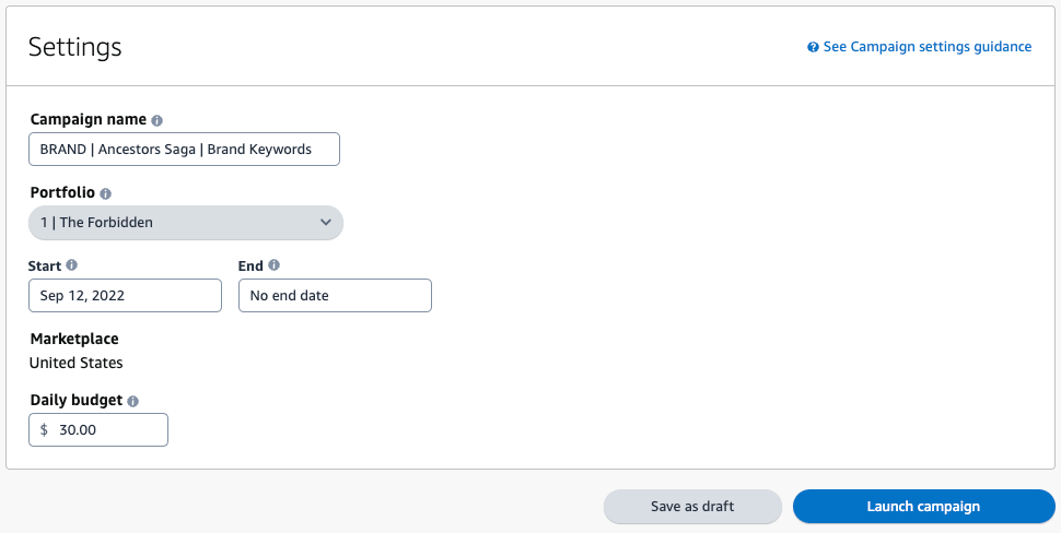 Brand Keyword Campaign Settings