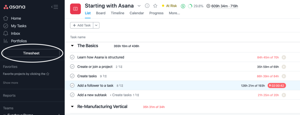 access your timesheet inside asana and trello