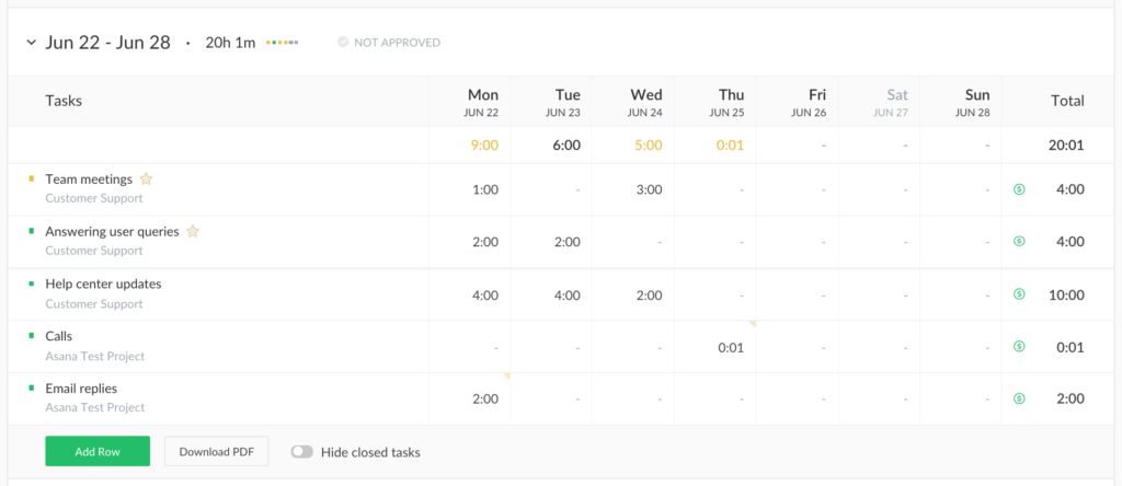 pdf timesheets, favorite tasks and drag & drop