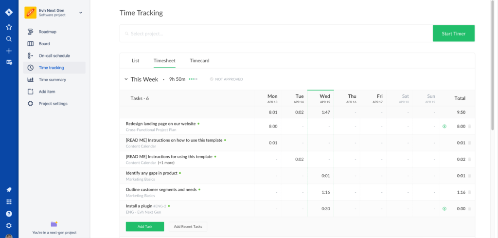 jira app gets time tracking page and time summary