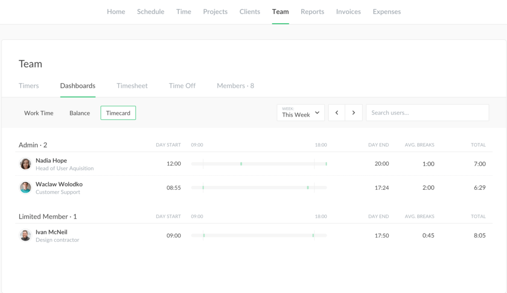 clock in and clock out for tracking work hours vs project hours